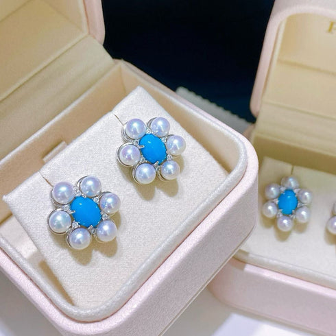 Floral Blue Turquoise Pearl Stud Earrings